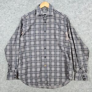 Thomas Dean Men's Dress Shirt‎ Size L 100% Cotton Taupe Windowpane STAINING